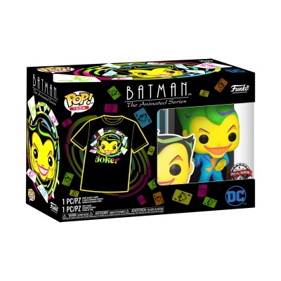 Caixa de presente com figura Pop! e caneca do Joker da série animada Batman.