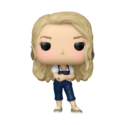 Figura Funko Pop com cabelo loiro e jardineira azul