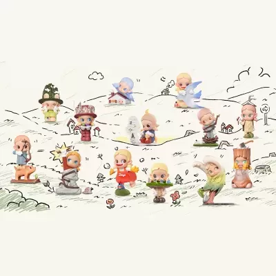 Doze figuras coloridas de personagens caricatos sobre fundo branco com desenhos simples de cenário campestre