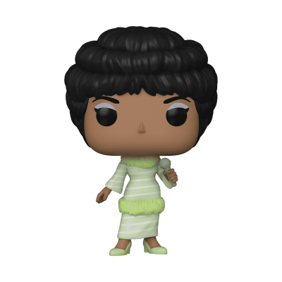 Figura colecionável Funko Pop de mulher com vestido verde claro segurando microfone