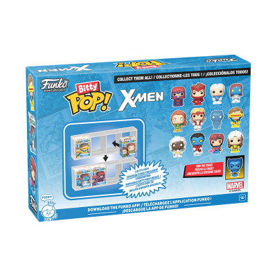 Caixa azul de brinquedo Funko Pop! Bitty X-Men com mini figuras coloridas