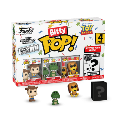 Caixa com 4 figuras Funko Bitty Pop! Toy Story e três figuras em frente, incluindo Woody, Rex e Slinky Dog.