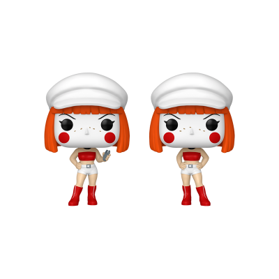 Duas figuras Funko Pop com cabelo laranja e chapéu branco