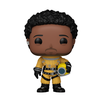 Figura Pop Funko de vinil com macacão amarelo segurando capacete