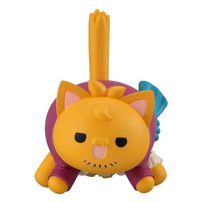 Figura de gato amarelo vestido de roxo em fundo branco