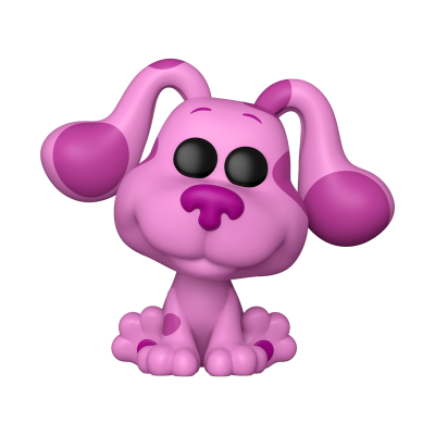 Figura colecionável Funko Pop de cão cor-de-rosa com manchas roxas e olhos negros