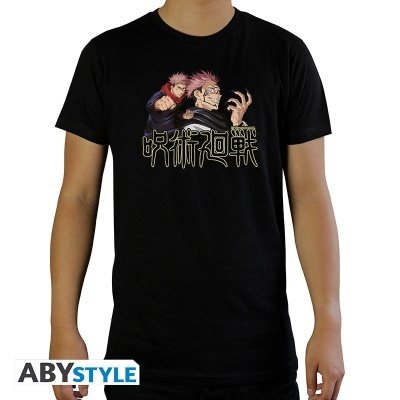 Camiseta preta com estampa de anime e caracteres asiáticos