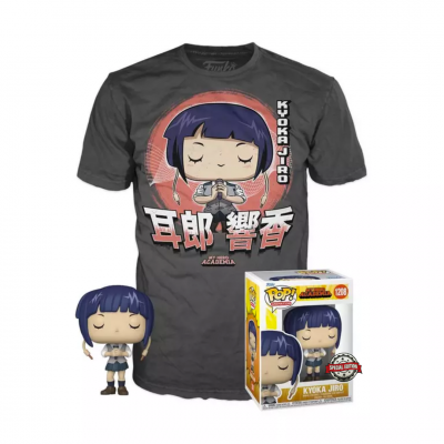 T-shirt preta com desenho da personagem Kyouka Jiro e figura Funko Pop dela em caixa.