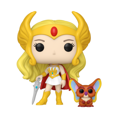 Figura Funko Pop de She-Ra e um pequeno animal colorido com grandes orelhas
