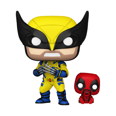 Funko Pop Wolverine amarelo e azul com garras e figura Deadpool vermelha e preta.