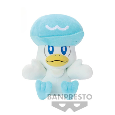 Pelúcia de personagem azul e branca com chapéu azul claro e olhos azuis