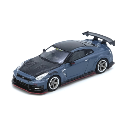 Miniatura de carro desportivo azul e preto com spoiler e texto em janela.