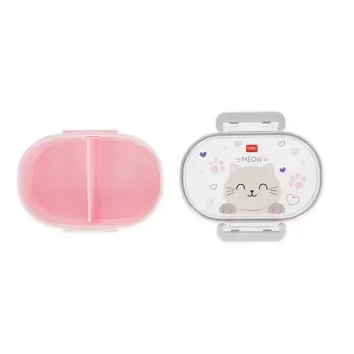 Dois recipientes plásticos ovais, um decorado com gato e texto MEOW da Legami Milano e outro rosa aberto com divisória