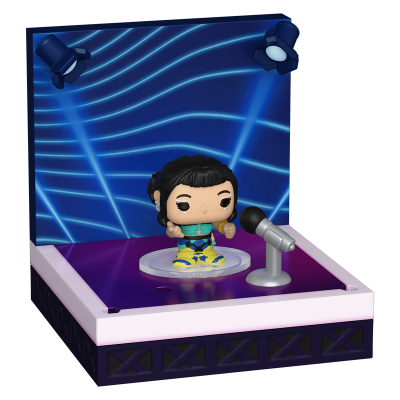 Figura Funko Pop numa miniatura de palco com microfone e luzes.