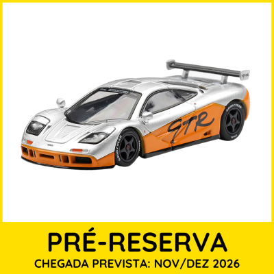 Miniatura de carro desportivo prata e laranja com logo GTR e pneus Goodyear