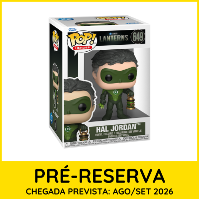 Figura de vinil Funko Pop! Hal Jordan, caixa com texto PRÉ-RESERVA e data prevista em fundo amarelo