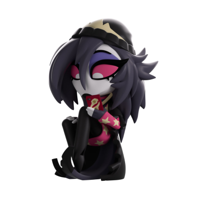 Figura estilizada personagem com cabelo roxo escuro e roupa preta e rosa segurando telemóvel