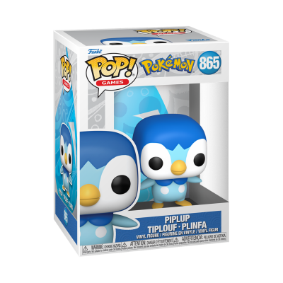 Funko Pop! Pokémon Piplup vinil azul e branco na caixa número 865