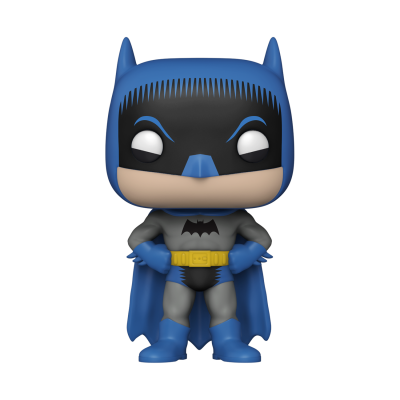 Figura Pop do Batman com fatos azul e cinzento e capa azul
