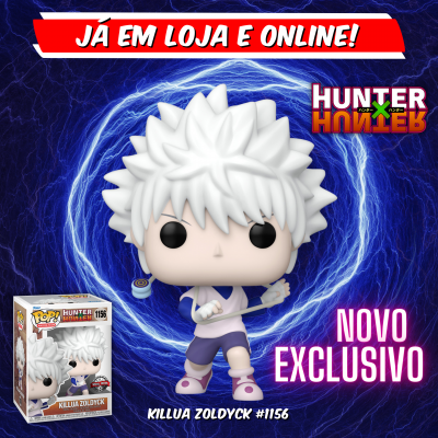 Figura Funko Pop Killua Zoldyck da série Hunter x Hunter com fundo azul e texto promocional em português.