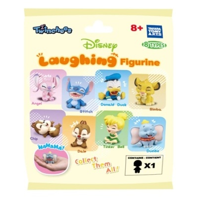 Pacote de plástico branco com ilustrações a cores de figuras Disney Laughing Figurine e texto descritivo.