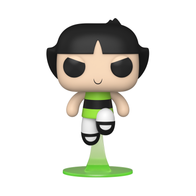 Figura Funko Pop com base verde, cabelo preto e roupas verde, preto e branco