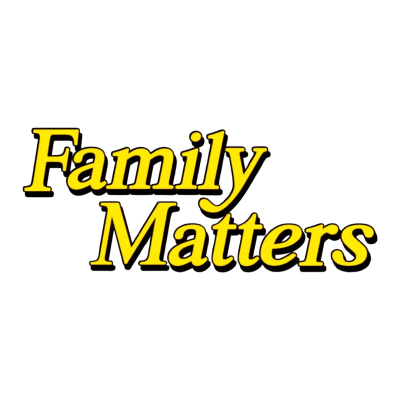 Texto Family Matters em amarelo e sombra preta sobre fundo branco
