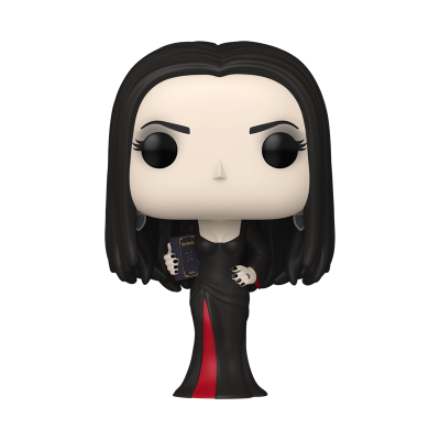 Figura Funko Pop mulher de vestido preto e faixa vermelha, cabelo preto, a segurar um objeto escuro com detalhes dourados.