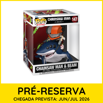 Figura Funko Pop! Chainsaw Man & Beam na embalagem com aviso de pré-reserva e data prevista de chegada