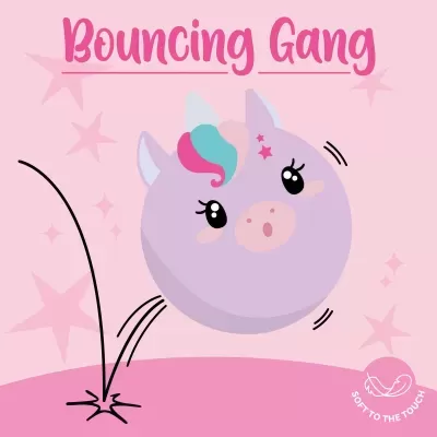 Bola roxa de unicórnio elástica com texto Bouncing Gang em fundo rosa