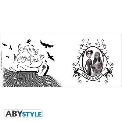 Design ABYSTYLE preto e branco com tema Corpse Bride, Victor e Emily e corvos num cemitério