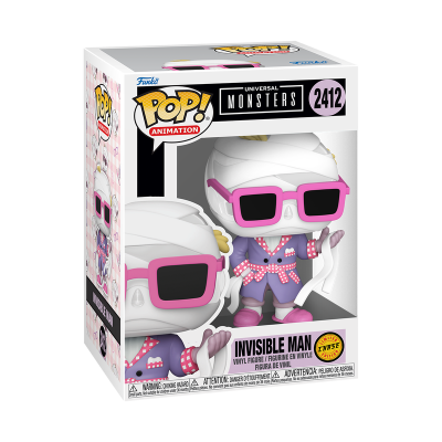 Funko Pop do Homem Invisível com fato roxo e óculos rosa na caixa Universal Monsters
