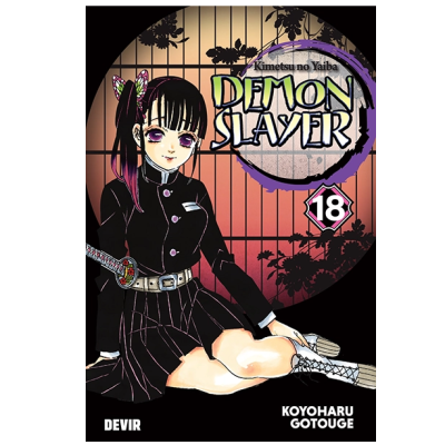 Capa do manga Demon Slayer volume 18 com personagem feminina em uniforme preto e espada