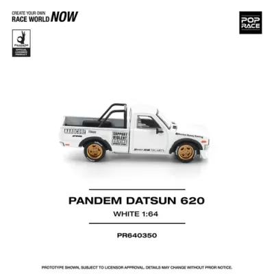 Miniatura de carrinha Pandem Datsun 620 branca 1:64 com jantes douradas e textos nos lados