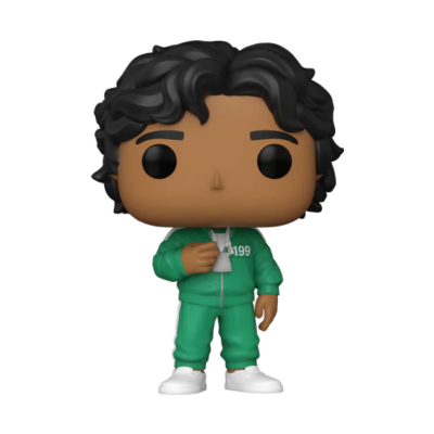 Figura Funko Pop com cabelo preto, roupa verde e calçado branco