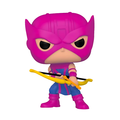 Figura Funko Pop de personagem com máscara rosa e arco amarelo