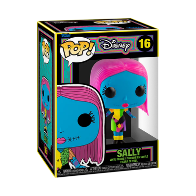 Figura Funko Pop Sally da Disney azul com cabelo rosa em embalagem preta e amarela número 16