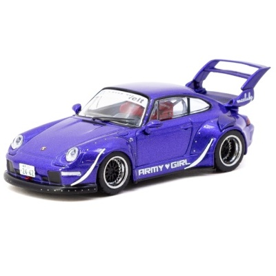 Miniatura de carro desportivo metálico azul com asa traseira proeminente e texto decorativo
