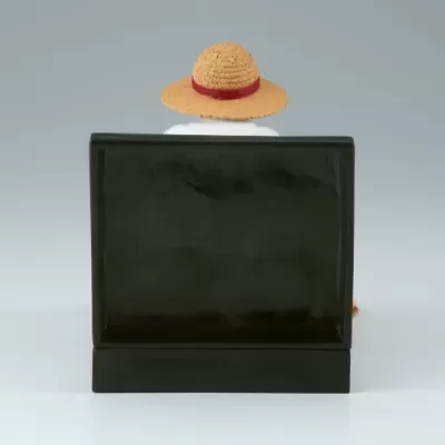 Figura de costas com chapéu de palha sentada atrás de objeto preto