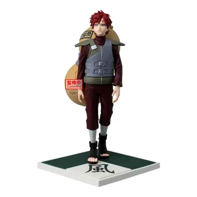 Action figure de personagem com cabelo vermelho e roupa castanha numa base quadrada com símbolo