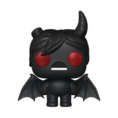 Figura tipo Funko Pop preta com olhos vermelhos, asas de morcego e um chifre