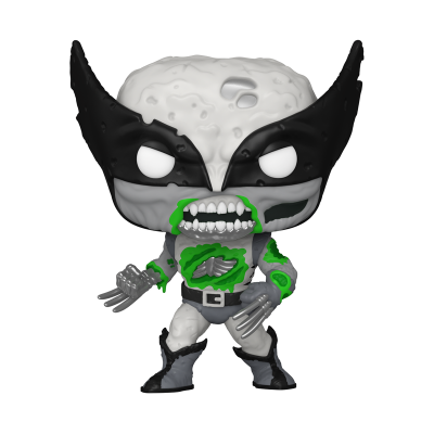 Figura colecionável Funko Pop do Wolverine em cinza, preto e verde com garras e expressão agressiva