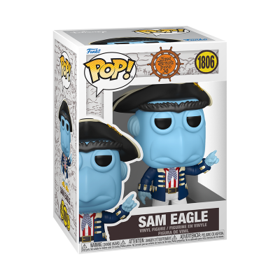 Boneco Funko Pop Sam Eagle azul com roupa de marinheiro em caixa com janela transparente
