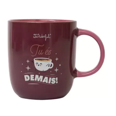 Caneca cerâmica cor vinho com ilustração de chávena e texto positivo