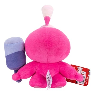 Pelúcia rosa com picolé azul e roxo em fundo branco