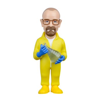 Figura de vinil com fato laboratorial amarelo e frasco de laboratório