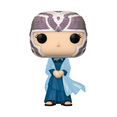 Figura Funko Pop de personagem feminina com vestido e capacete colorido