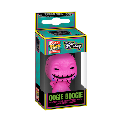 Figura chaveiro POP! da Disney Oogie Boogie em vinil rosa com costuras pretas, na caixa colorida.