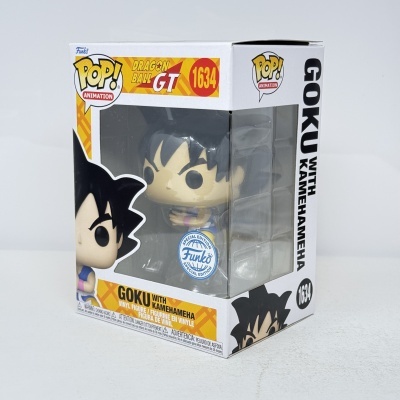 Figura Funko Pop Goku com Kamehameha em caixa transparente e colorida.