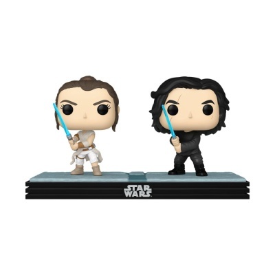 Duas figuras Funko Pop de Star Wars com sabres de luz numa base preta com logo Star Wars